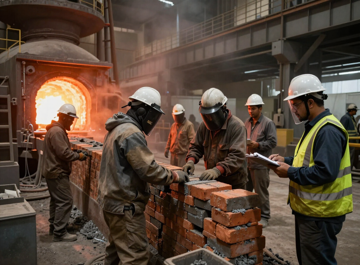 Refractory workers being assessed while relining an aluminium smelting furnace